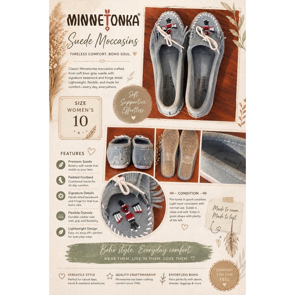 Minnetonka Driving/shoes Beaded Leather Moccasins Womens 10  Suede Blue  Vintage